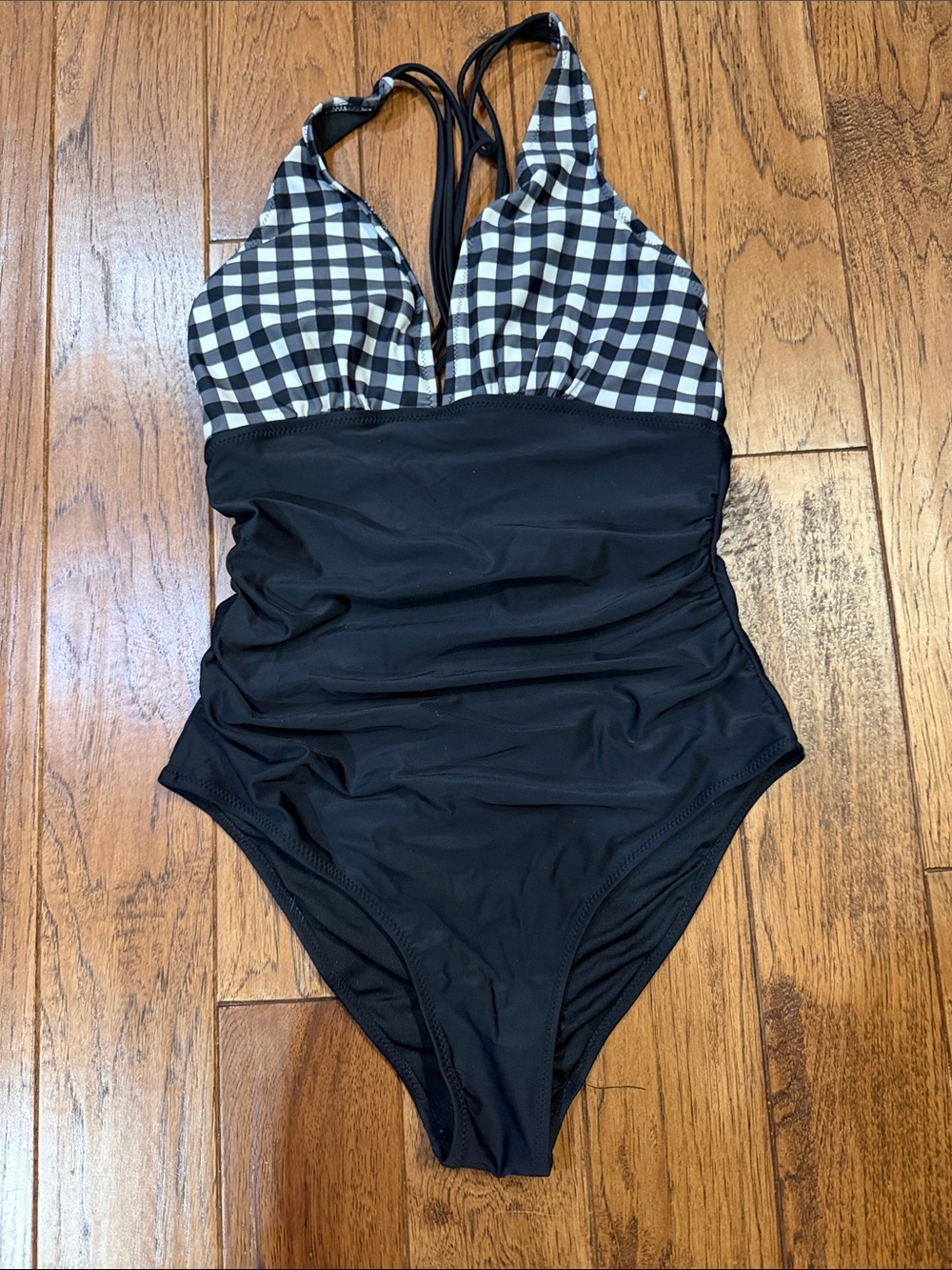 Black One-Piece Swimsuit with Black & White Gingham Top